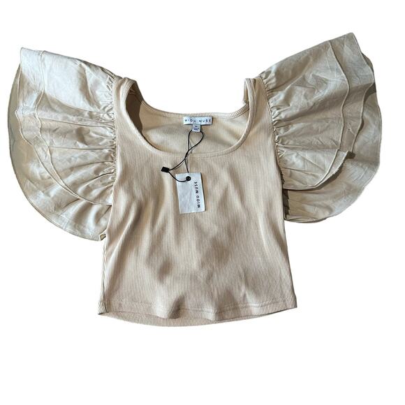 Miou Muse Ribbed Flutter Sleeve Top Blouse M - Picture 1 of 7